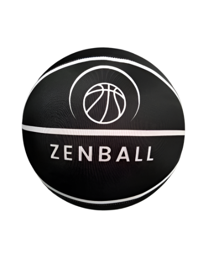 ZenBall Silent Foam Basketball 4.0 in sleek black design with white accents, featuring the ZENBALL logo and basketball icon on a professional regulation-size ball