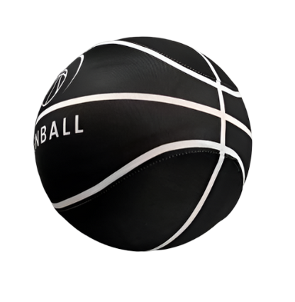 ZenBall Silent Foam Basketball 4.0 in sleek black design with white traditional basketball stripes and ZenBall branding, showcasing its professional size 7 regulation design and foam construction