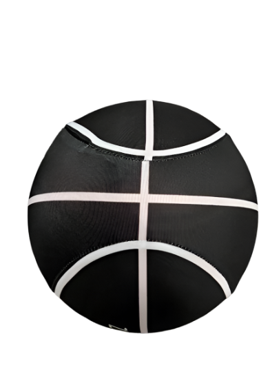 ZenBall Silent Foam Basketball 4.0 in black with white stripe pattern design, showing traditional basketball seam lines against a clean background