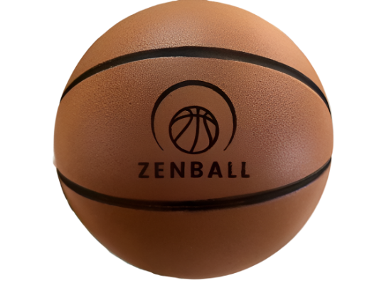 ZenBall Silent Foam Basketball 4.0 - Classic brown basketball with traditional black stripes and embossed ZenBall logo featuring minimalist basketball icon design