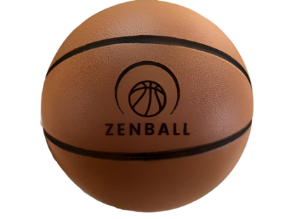 ZenBall Silent Foam Basketball 4.0 - Classic brown basketball with traditional black stripes and embossed ZenBall logo featuring minimalist basketball icon design